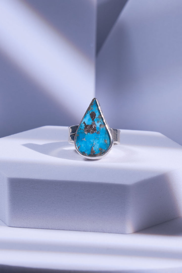 Teardrop-shaped turquoise stone set in 925 silver. Hippo sspirit inside. 
