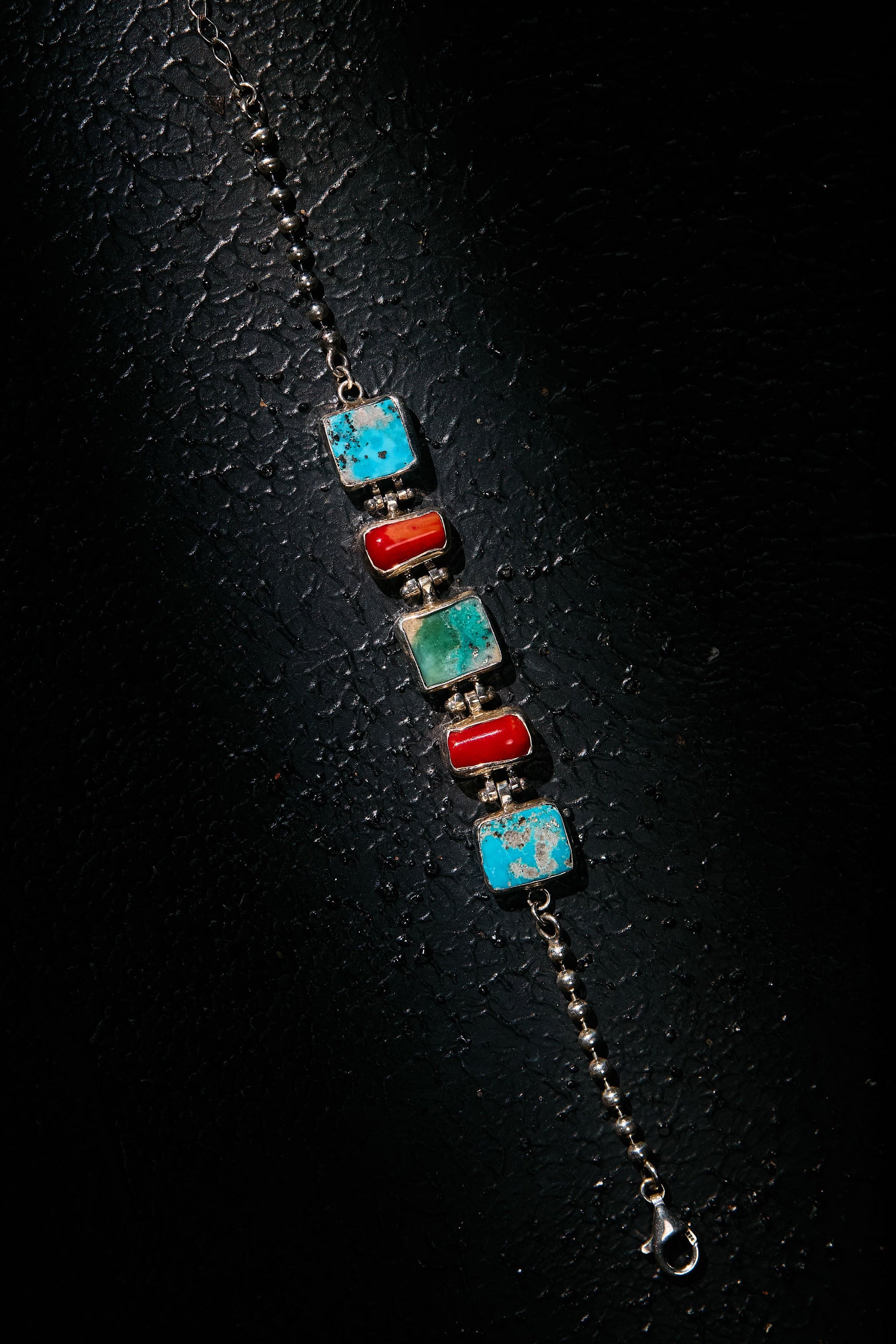 Bracelet with 3 turquoise stones 2 stones coral reprposed