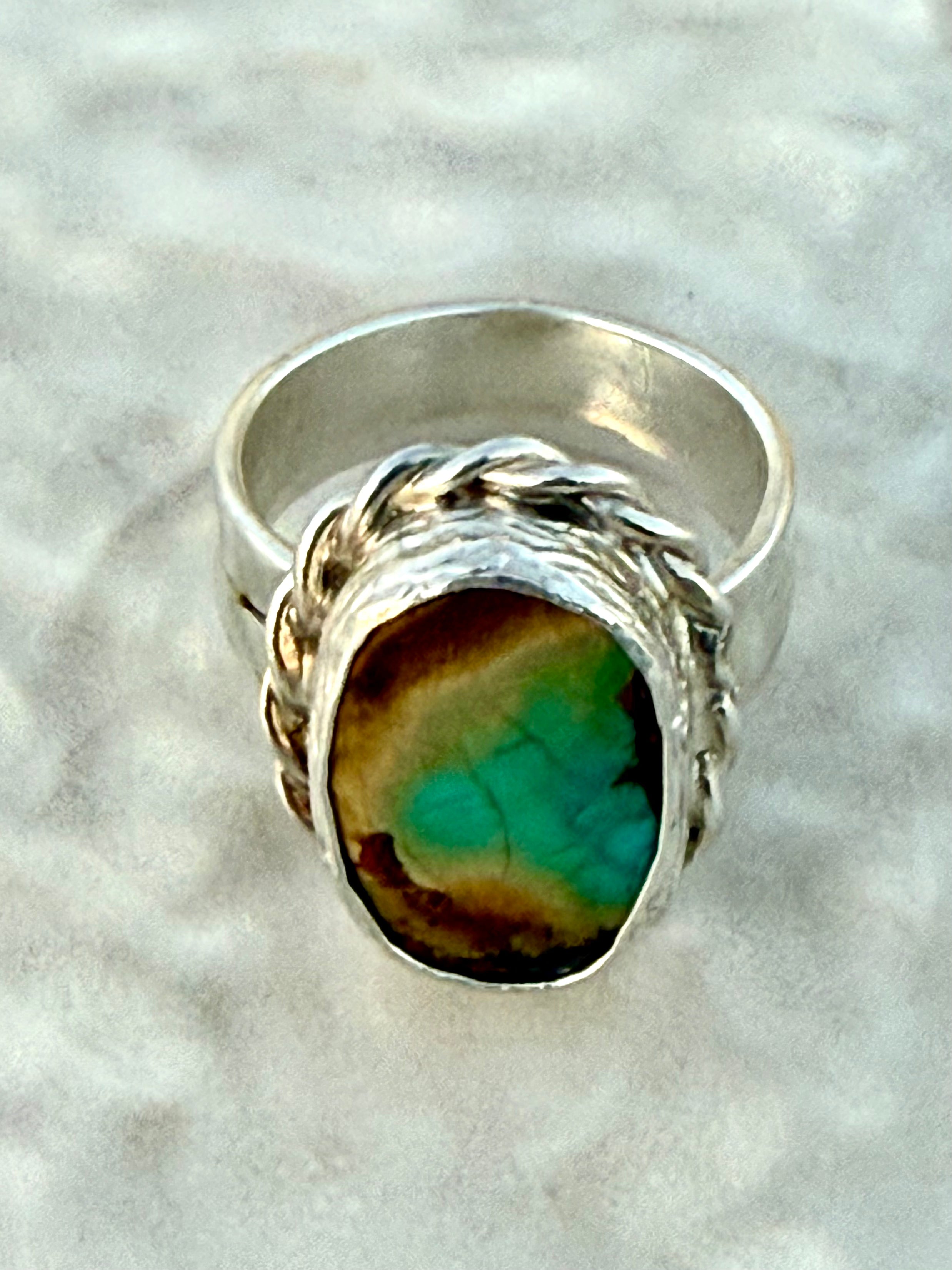Rare natural turquoise ring with an incredible beach scene, collector level natural art. 
